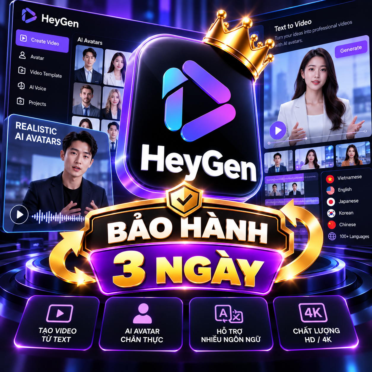 Tài Khoản HeyGen Creator - Tạo Video AI Người Thật, Lồng Tiếng Đa Ngôn Ngữ Đỉnh Cao