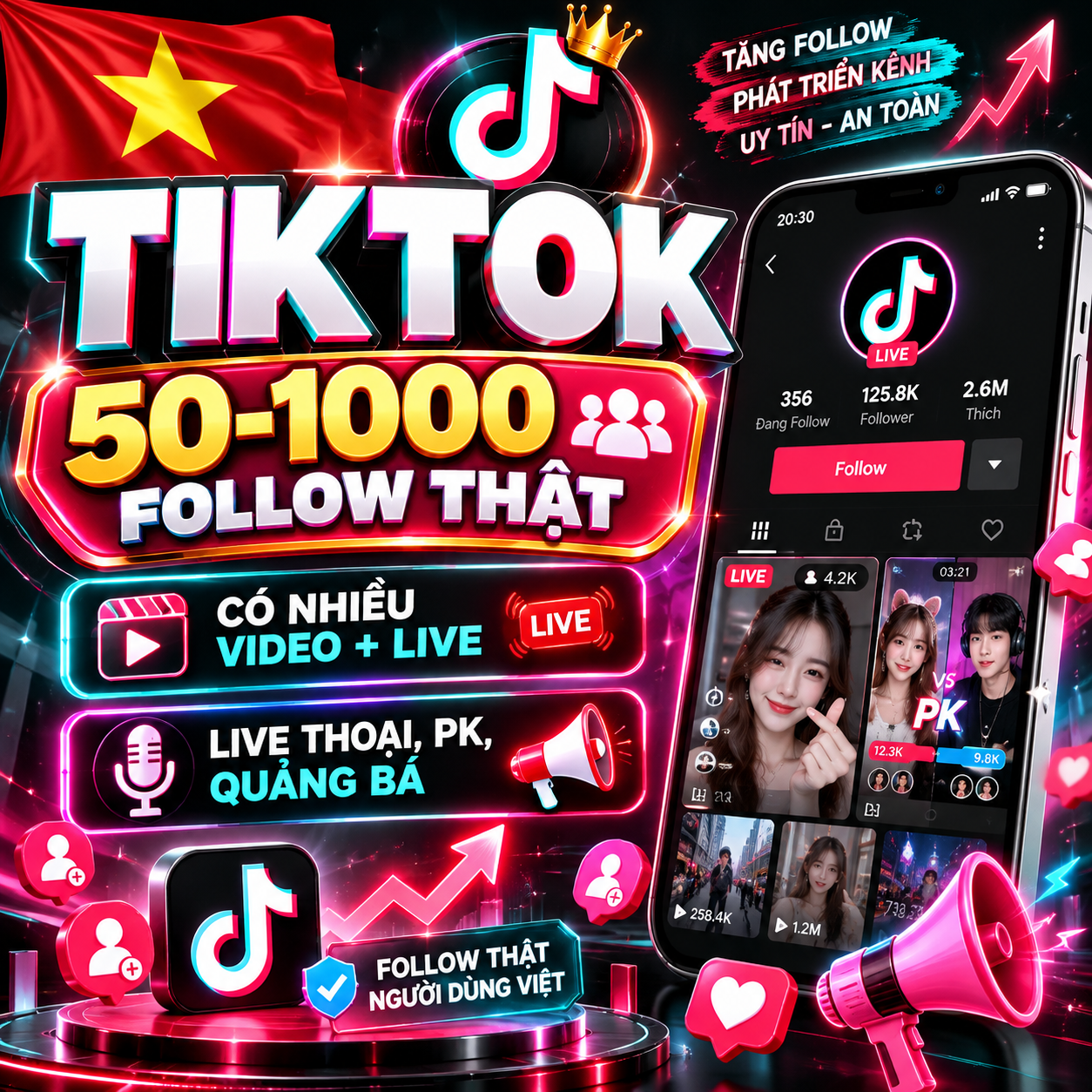 TIKTOK 50-1000 FOLLOW THẬT | CÓ NHIỀU VIDEO + LIVE | LIVE THOẠI,PK,QUẢNG BÁ