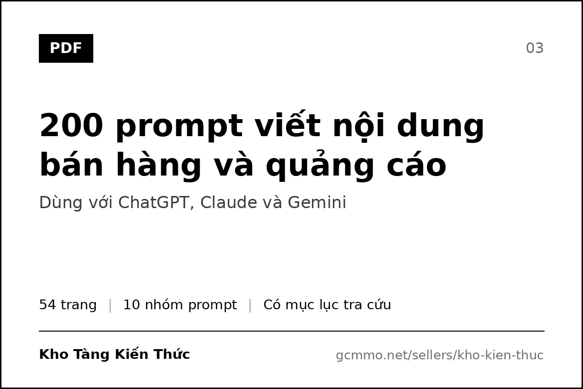 Bộ 200 prompt viết nội dung bán hàng và quảng cáo, file PDF 54 trang