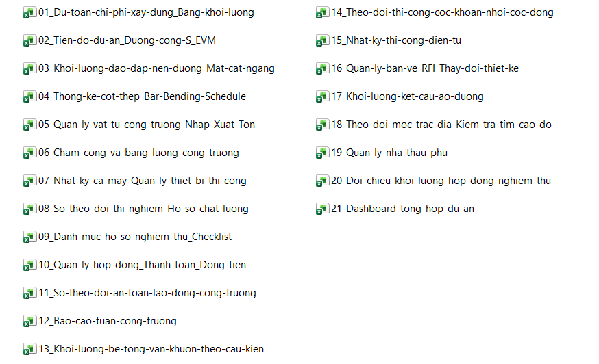 Bộ 21 File Excel Quản Lý Thi Công Xây Dựng - Dự Toán, Tiến Độ, Vật Tư, Nghiệm Thu