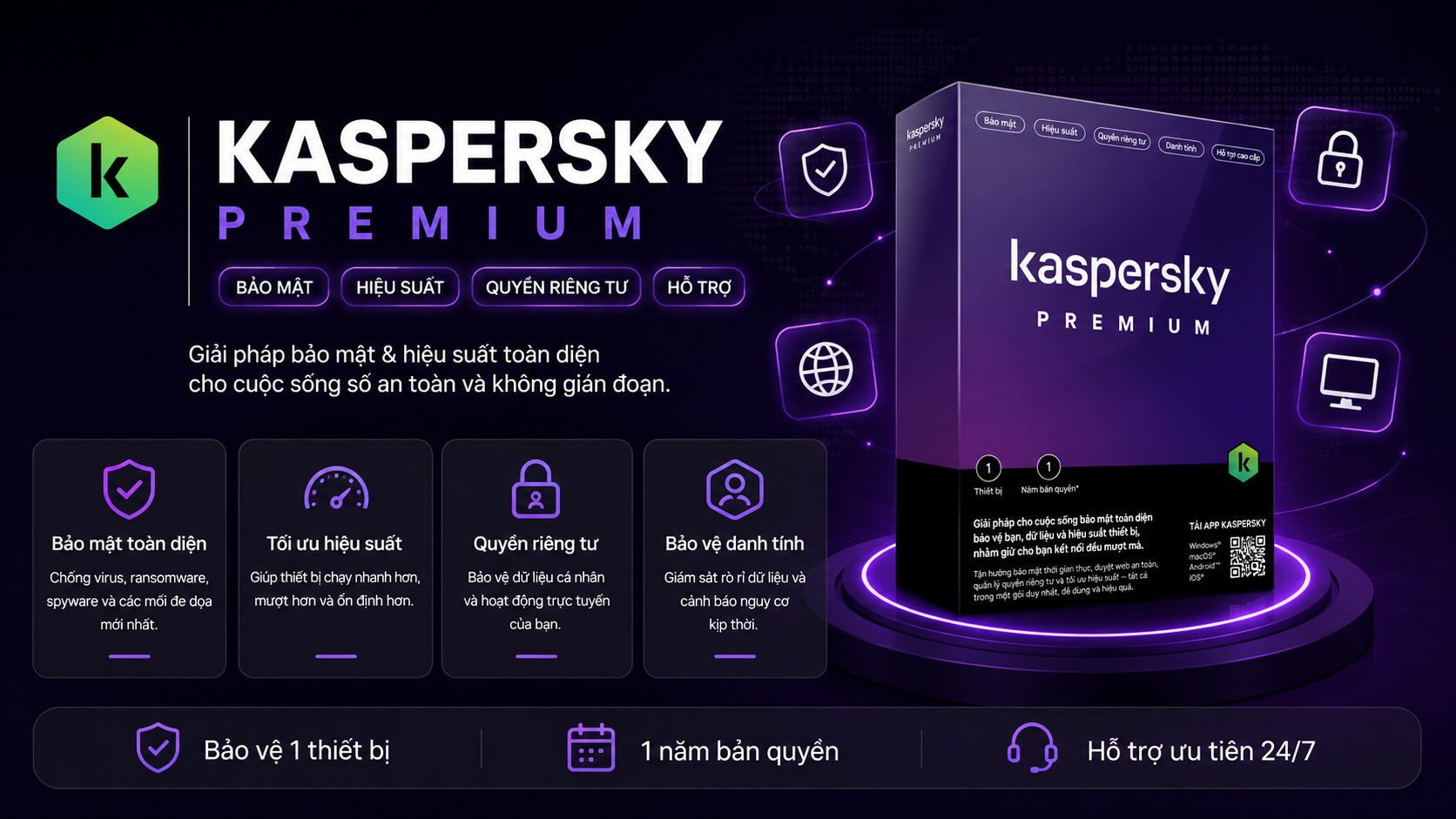 KASPERSKY PREMIUM + VPN 1 NĂM (BH 300 ngày)